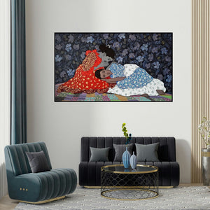 Monica Ghule's 'Gossip' painting visualized above a sofa in a contemporary room.