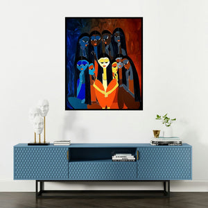 Rangoli Garg's 'Gossip (Women in Conversation)' painting visualized above a sofa in a contemporary room.