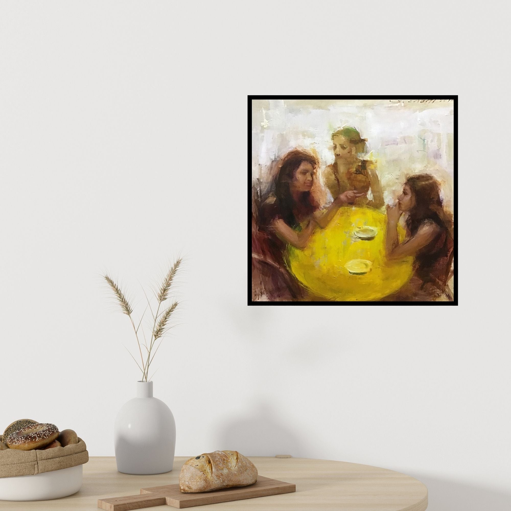 In-situ view of Surabhi Gulwelkar's 'Gossip' painting in a room