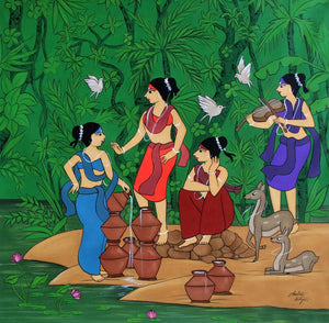 Gossip (Women by the River) by Chetan Katigar, Original Acrylic Contemporary Painting on Canvas, Large Square Wall Art