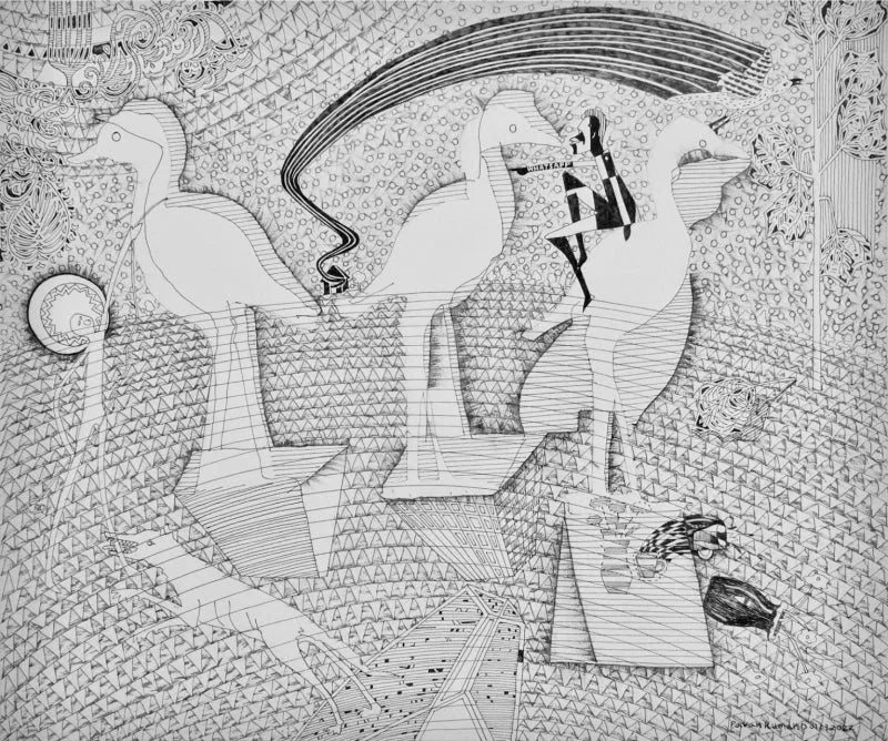 contemporary pen-ink drawing titled 'Gossip', 16x20 inch, by artist Pavan Kumar D on Canson Paper