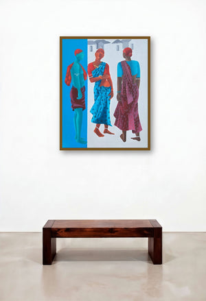 Gossip Time (Three Women) by artist Abhiram Bairu displayed in a Japandi Family Room