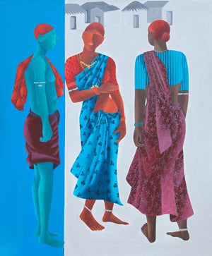 Gossip Time (Three Women) by Abhiram Bairu, Original Acrylic Figurative Painting on Canvas, Large Vertical Wall Art