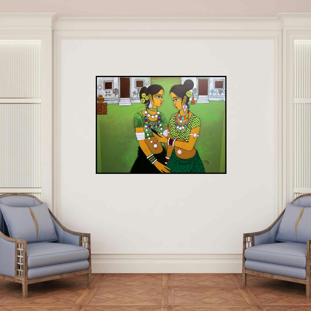 'Gossiping (Peaceful Serenity)' painting by Gajraj Chavan shown on a wall in a furnished room.