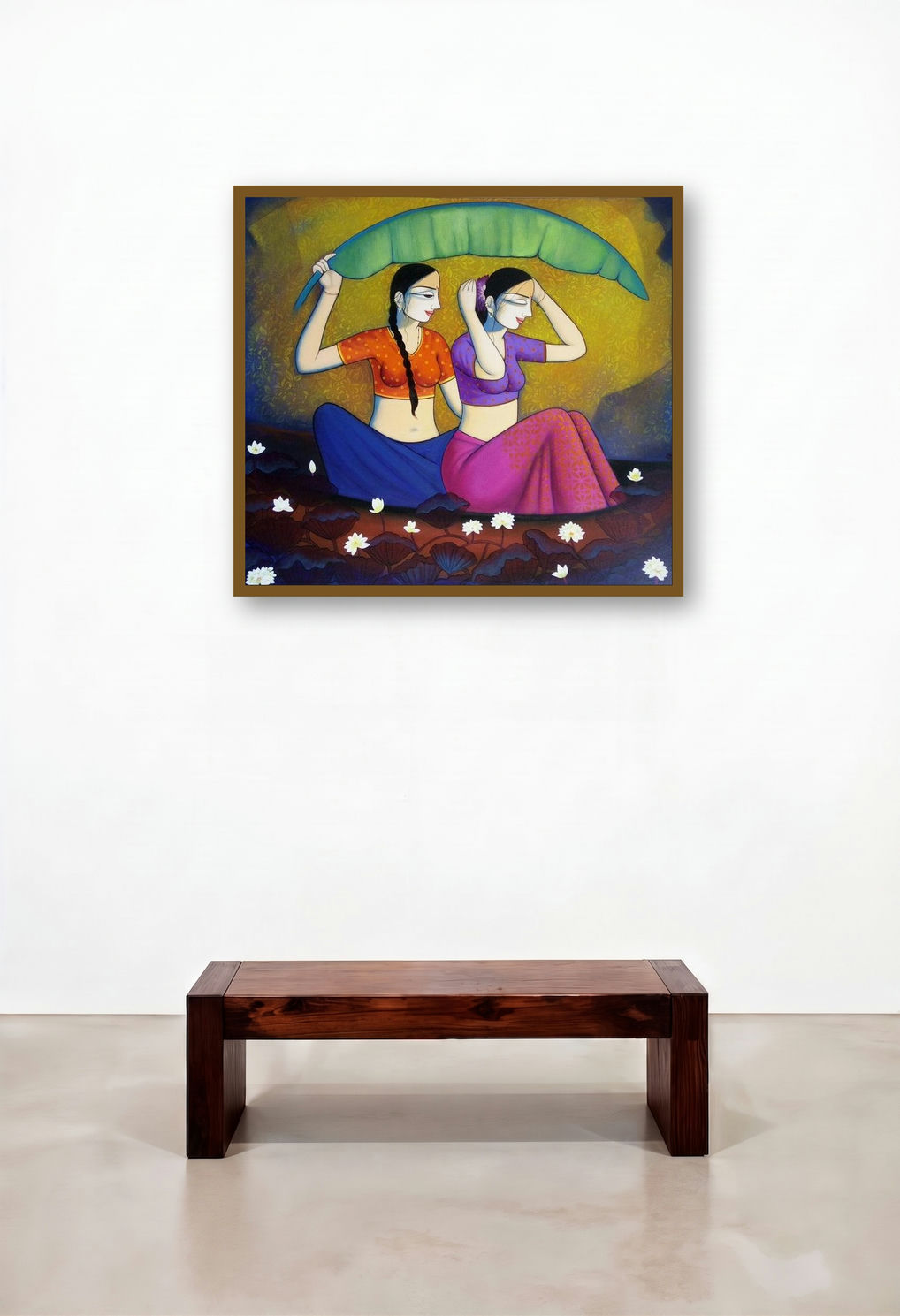 Gossiping Girls (Beneath the Banana Leaf) by artist Pravin Utge displayed in a Coastal Living Room