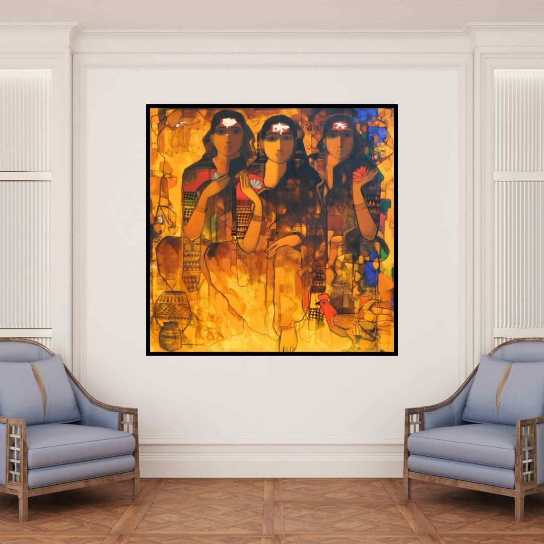 In-situ view of Sachin Sagare's 'Gossiping Women 1' painting in a room