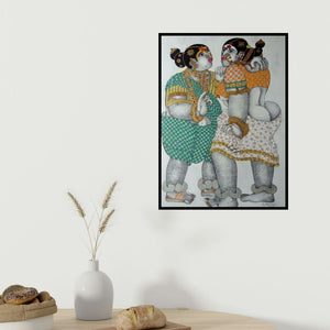 Bhawandla Narahari's 'Gossiping Women 1 (A Moment Shared)' painting visualized above a sofa in a contemporary room.