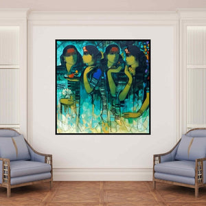 In-situ view of Sachin Sagare's 'Gossiping Women 2' painting in a room