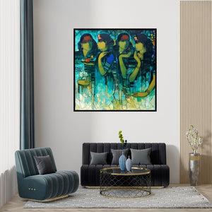 Preview of 'Gossiping Women 2' Painting by Sachin Sagare shown on a wall in a furnished room.