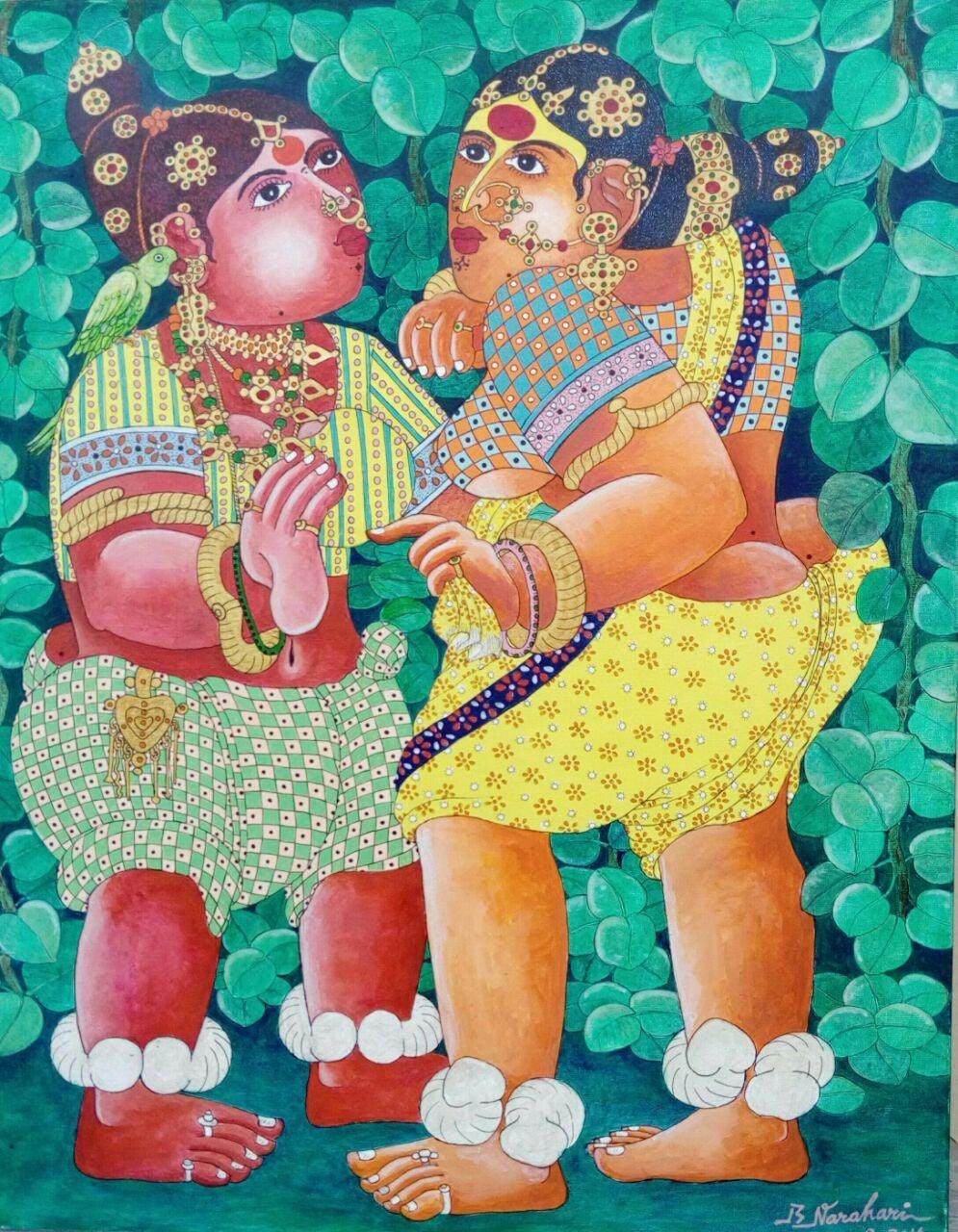 Figurative acrylic painting titled 'Gossiping Women 2', 30x24 inches, by artist Bhawandla Narahari on Canvas