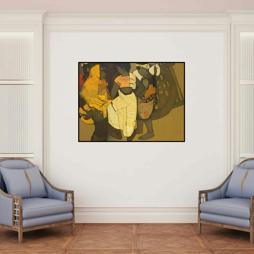 'Gossipping' painting by Siddharth Shingade shown on a wall in a furnished room.
