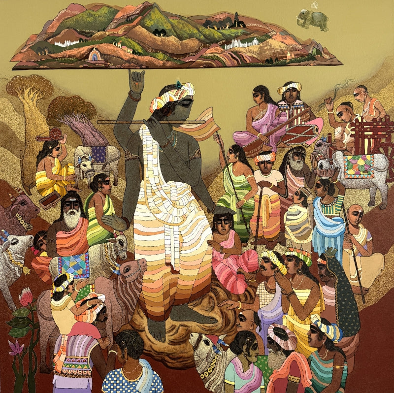 Govardhan Series' religious acrylic painting by artist Siddharth Shingade, 36x36 inch, on canvas