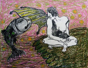 Grab Our Fish (Figure and Fish) by Kapil Alaskar, Original Paper Other Painting on Paper, Small Horizontal Wall Art