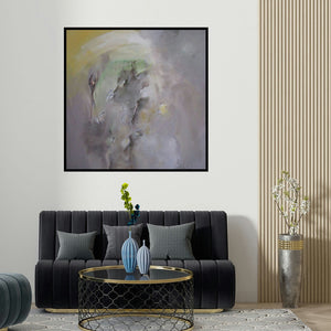Jayshree Savani's 'Grace (Dawn's Awakening)' painting visualized above a sofa in a contemporary room.