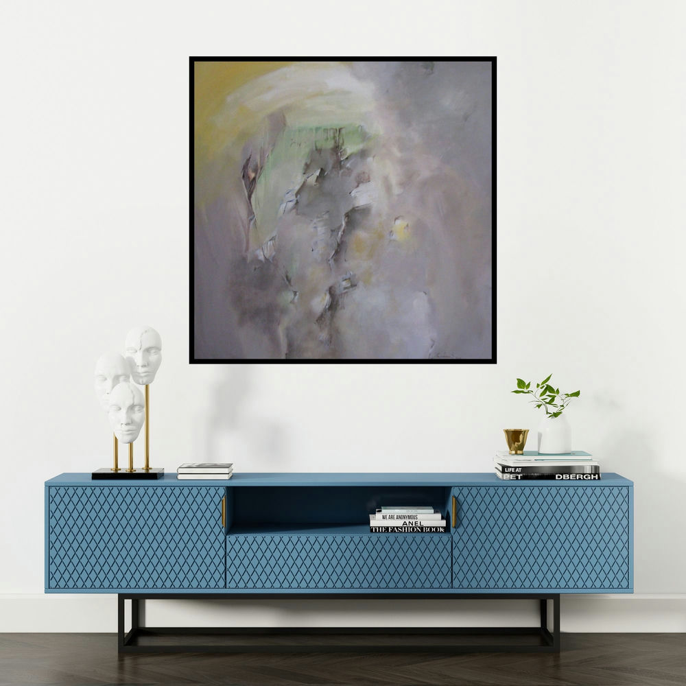 'Grace (Dawn's Awakening)' painting by Jayshree Savani shown on a wall in a furnished room.