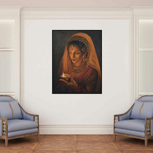 'Grace (Bridal Veil)' painting by Kamal Rao shown on a wall in a furnished room.