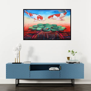 Preview of 'Gracious Living (Koi Pond)' Painting by Bikash Mohanta shown on a wall in a furnished room.