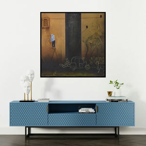 'Graffiti In Mewar (The Evolving Cityscape)' painting by Nirmal Yadav shown on a wall in a furnished room.