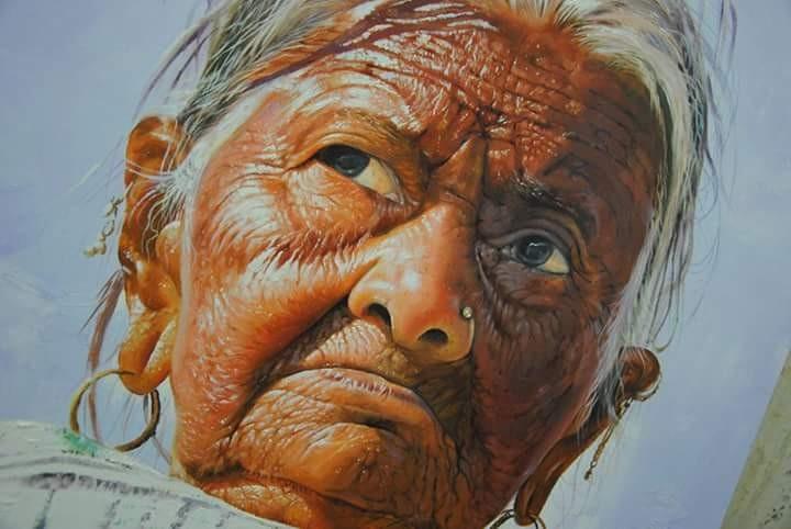 Portrait acrylic painting titled 'Grand Mother', 18x24 inches, by artist Jitendra Gaikwad on Canvas