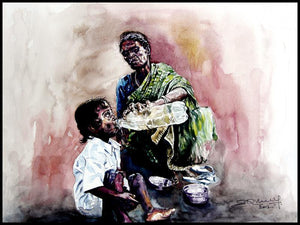 Grand Mother Love 1 by SRV ARTIST, Original Watercolor Figurative Painting on Handmade Paper, Small Horizontal Wall Art