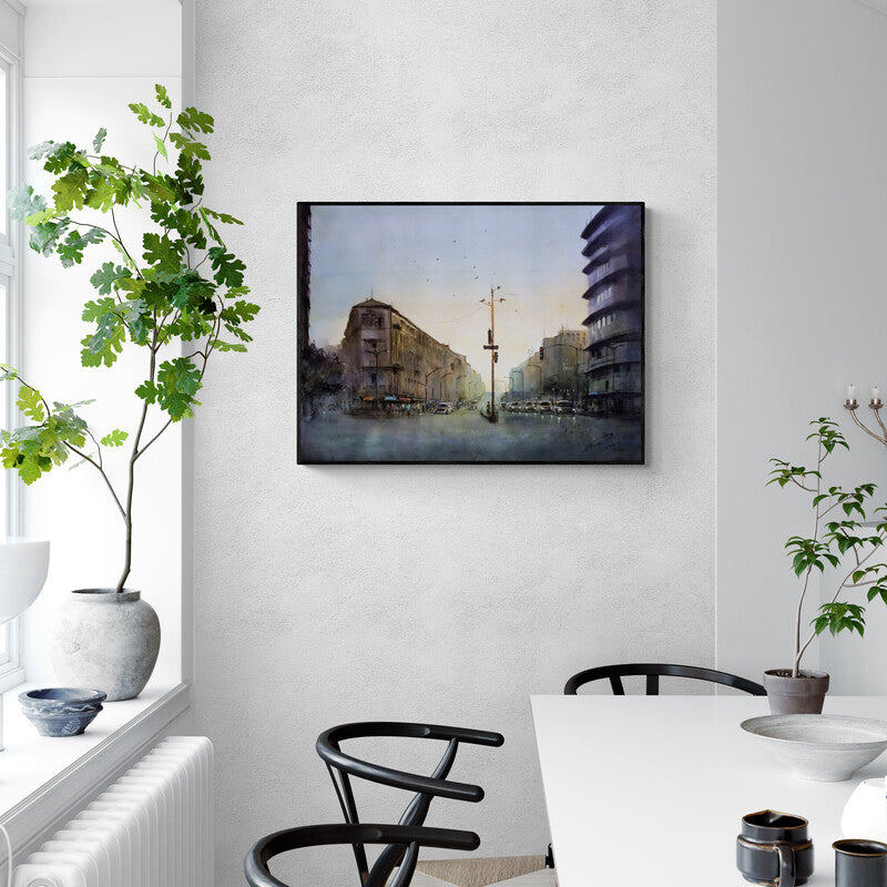 In-situ view of Swapnil Mhapankar's 'Grantroad Nanachowak (Cityscape at Dusk)' painting in a room