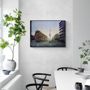 Swapnil Mhapankar's painting 'Grantroad Nanachowak (Cityscape at Dusk)' displayed in a modern living room setting