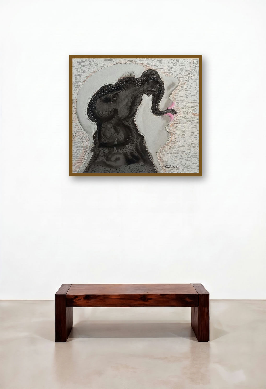 Grapple 1 (Elephantine Transformation) by artist Sudhir Shukla displayed in a Mid-Century Modern Family Room