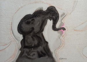 Grapple 1 (Elephantine Transformation) by Sudhir Shukla, Original Mixed Media Animal Painting on Paper, X-Small Horizontal Wall Art