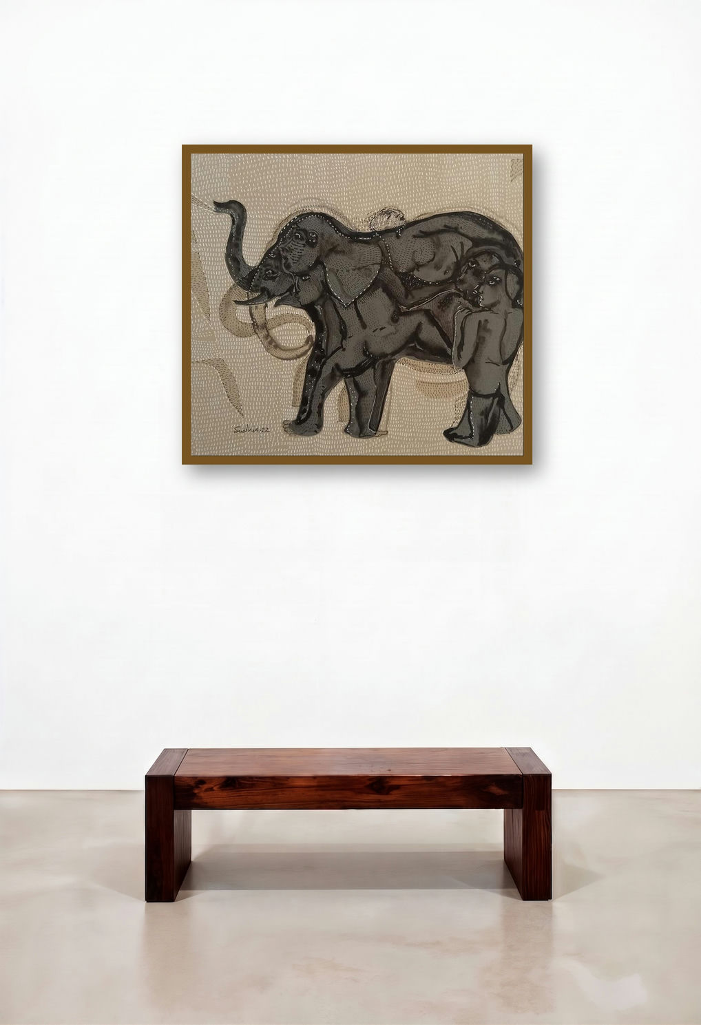 Grapple 2 (Elephant and Woman) by artist Sudhir Shukla displayed in a Boutique Hotel Style Dining Room