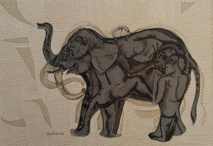 Grapple 2 (Elephant and Woman) by Sudhir Shukla, Original Mixed Media Animal Painting on Paper, X-Small Horizontal Wall Art