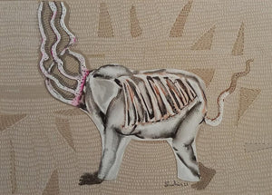 Grapple 3 (Elephant Transformation) by Sudhir Shukla, Original Mixed Media Animal Painting on Paper, X-Small Horizontal Wall Art