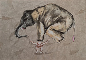 Grapple 4 (The Burden) by Sudhir Shukla, Original Mixed Media Animal Painting on Paper, X-Small Horizontal Wall Art