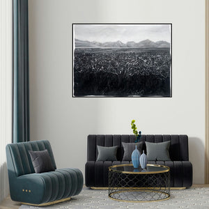 Manish Sharma's 'Grasslands (The Weight of the Land)' painting visualized above a sofa in a contemporary room.