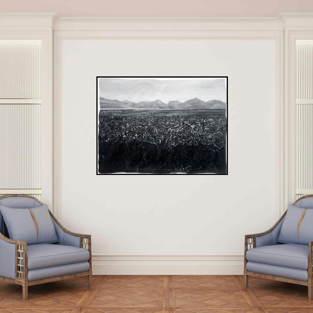 'Grasslands (The Weight of the Land)' painting by Manish Sharma shown on a wall in a furnished room.