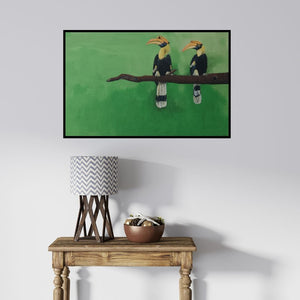 In-situ view of Yashodan Heblekar's 'Great Indian Hornbills (A Majestic Duo)' painting in a room
