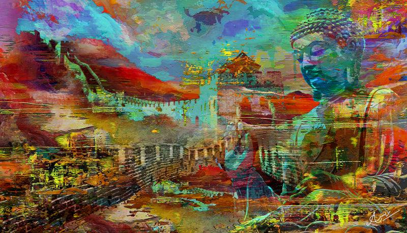 Religious mixed media painting titled 'Great Wall Of China', 32x56 inches, by artist Anil Kumar on Canvas