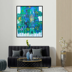 'Green Blue City With Reflection (Emerald Cityscape)' painting by Suresh Gulage shown on a wall in a furnished room.