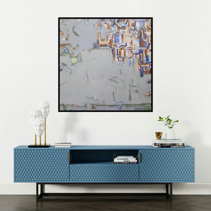 'Green City' painting by Sameer Dixit shown on a wall in a furnished room.