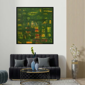 Arvind Hate's 'Green Enlightened (Verdant Tapestry)' painting visualized above a sofa in a contemporary room.