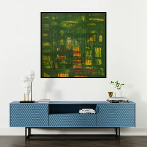 'Green Enlightened (Verdant Tapestry)' painting by Arvind Hate shown on a wall in a furnished room.