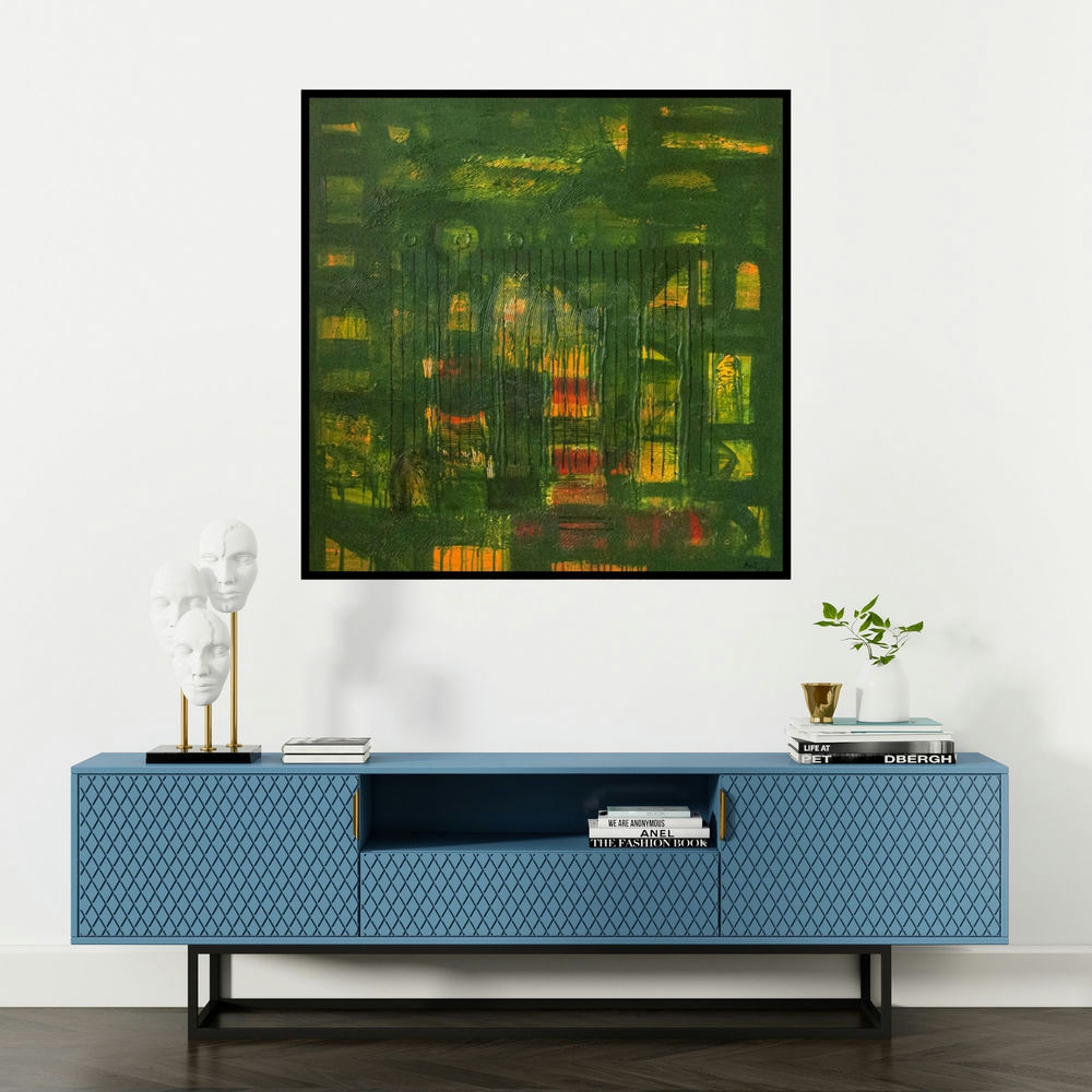 'Green Enlightened (Verdant Tapestry)' painting by Arvind Hate shown on a wall in a furnished room.