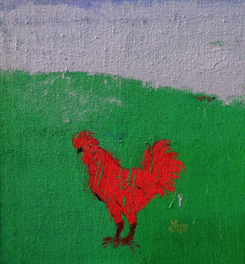 contemporary acrylic painting titled 'Green Field Blue Sky And A Cock', 31x30 inches, by artist Kumar Ranjan on canvas