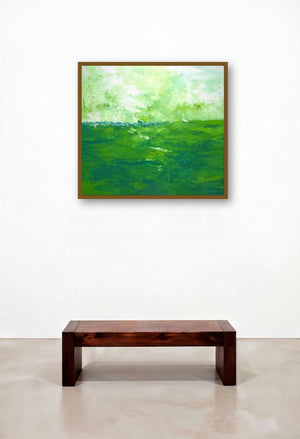 Green Fields (Emerald Embrace) by artist Shubhamshiva displayed in a Mid-Century Modern Hallway