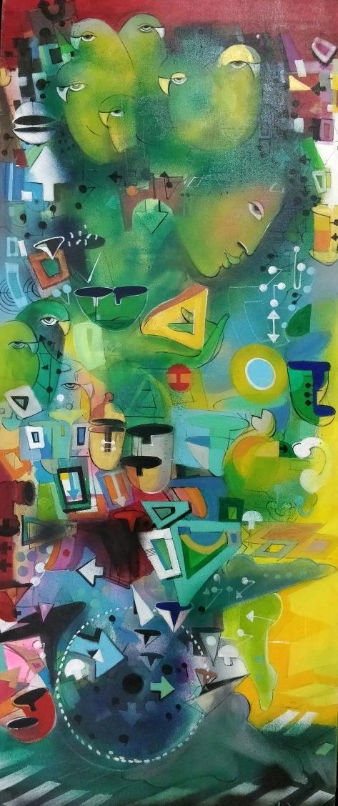 Figurative acrylic painting titled 'Green Frame', 57x24 inches, by artist Madan Lal on Canvas