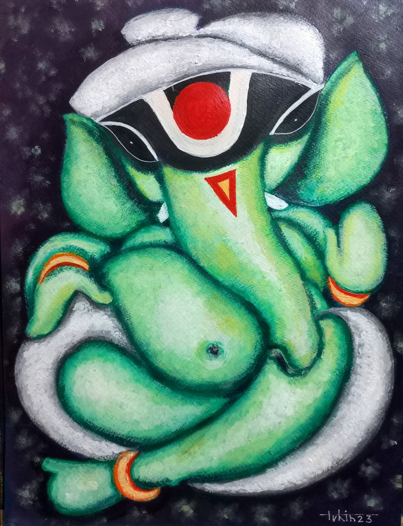 Green Ganesha' religious acrylic painting by artist Tuhin Rakshit, 17x12 inch, on paper