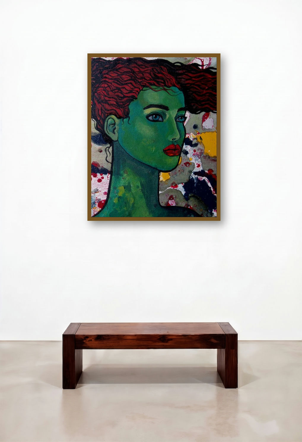 Green Girl (Verdant Vision) by artist Suruchi Jamkar displayed in a Contemporary Reception Area