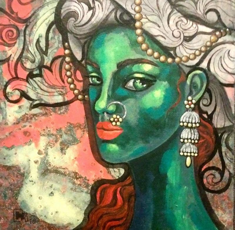 Portrait acrylic painting titled 'Green Girl In A Turban 2', 10x10 inches, by artist Suruchi Jamkar on Canvas