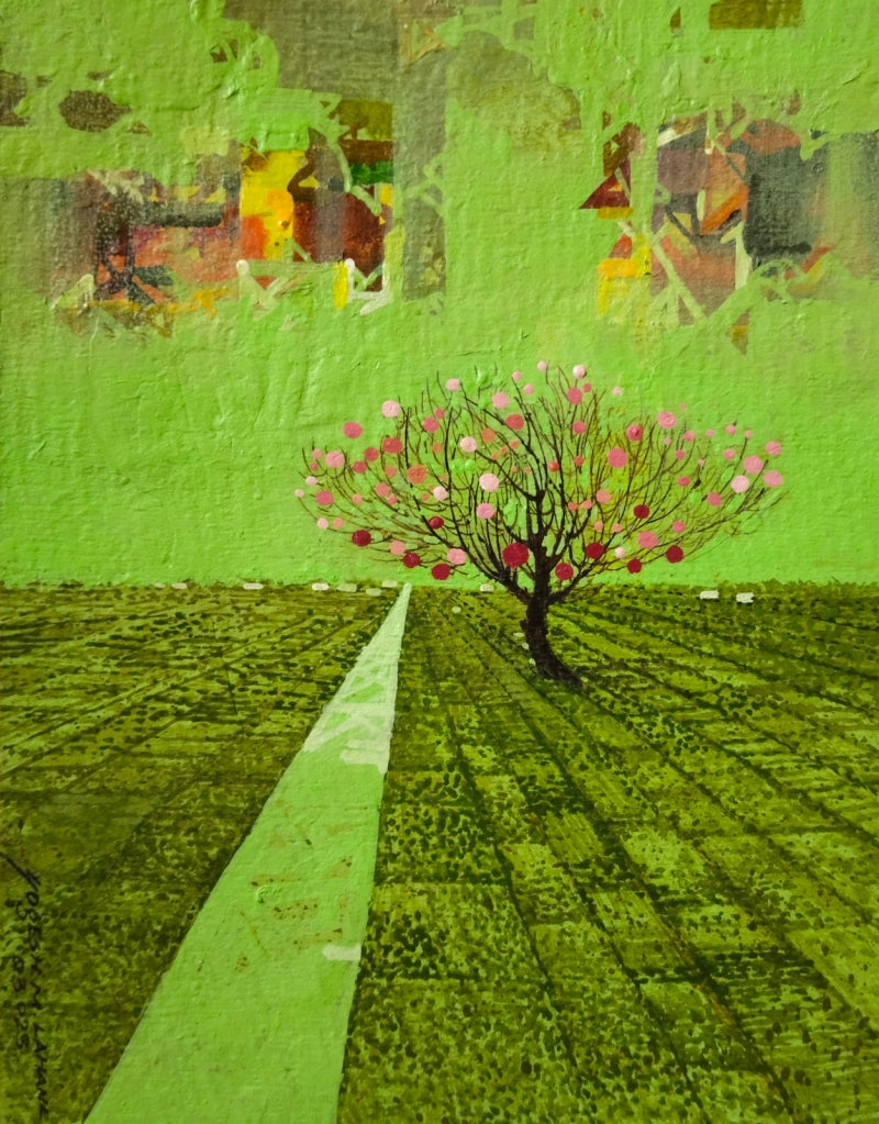 Green Light' landscape acrylic painting by artist Yogesh Lahane, 18x12 inch, on canvas