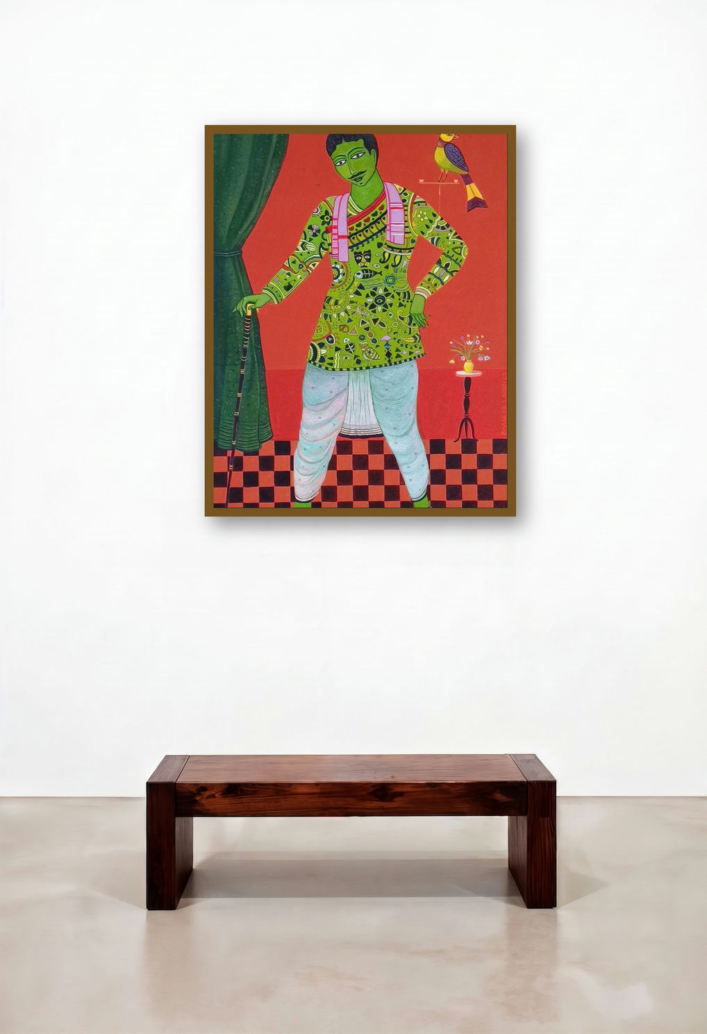 Green Man (A Regal Portrait) by artist Bhaskar Lahiri displayed in a Rustic Foyer