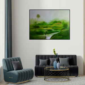 Narayan Shelke's 'Green Nature I (Emerald Embrace: A Landscape in Green)' painting visualized above a sofa in a contemporary room.